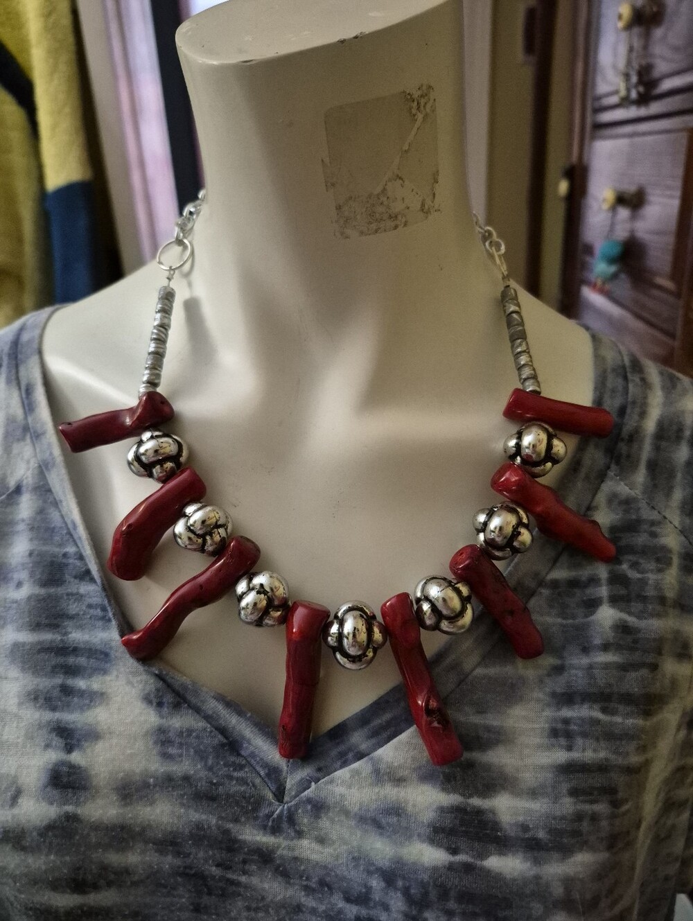 Red Glass Coral Branch Necklace Chunky Fluted Silver Melon Bead Bib